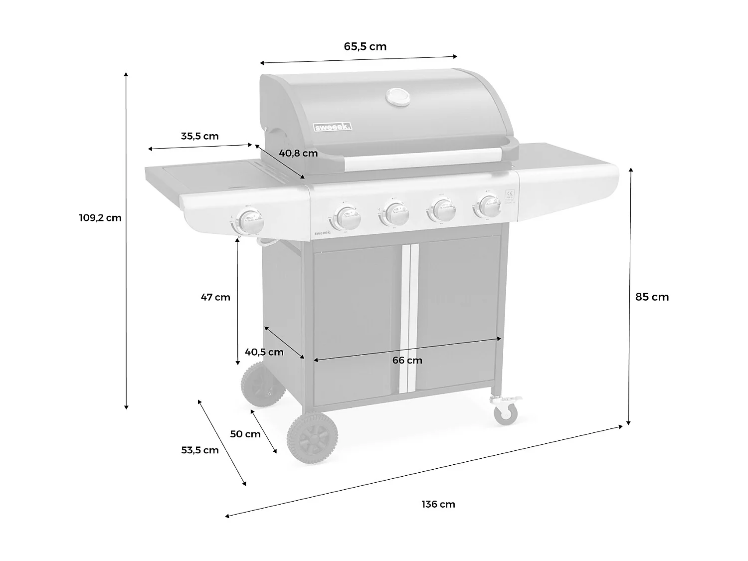 Barbecue a gas a 4 bruciatori con fuoco laterale, nero