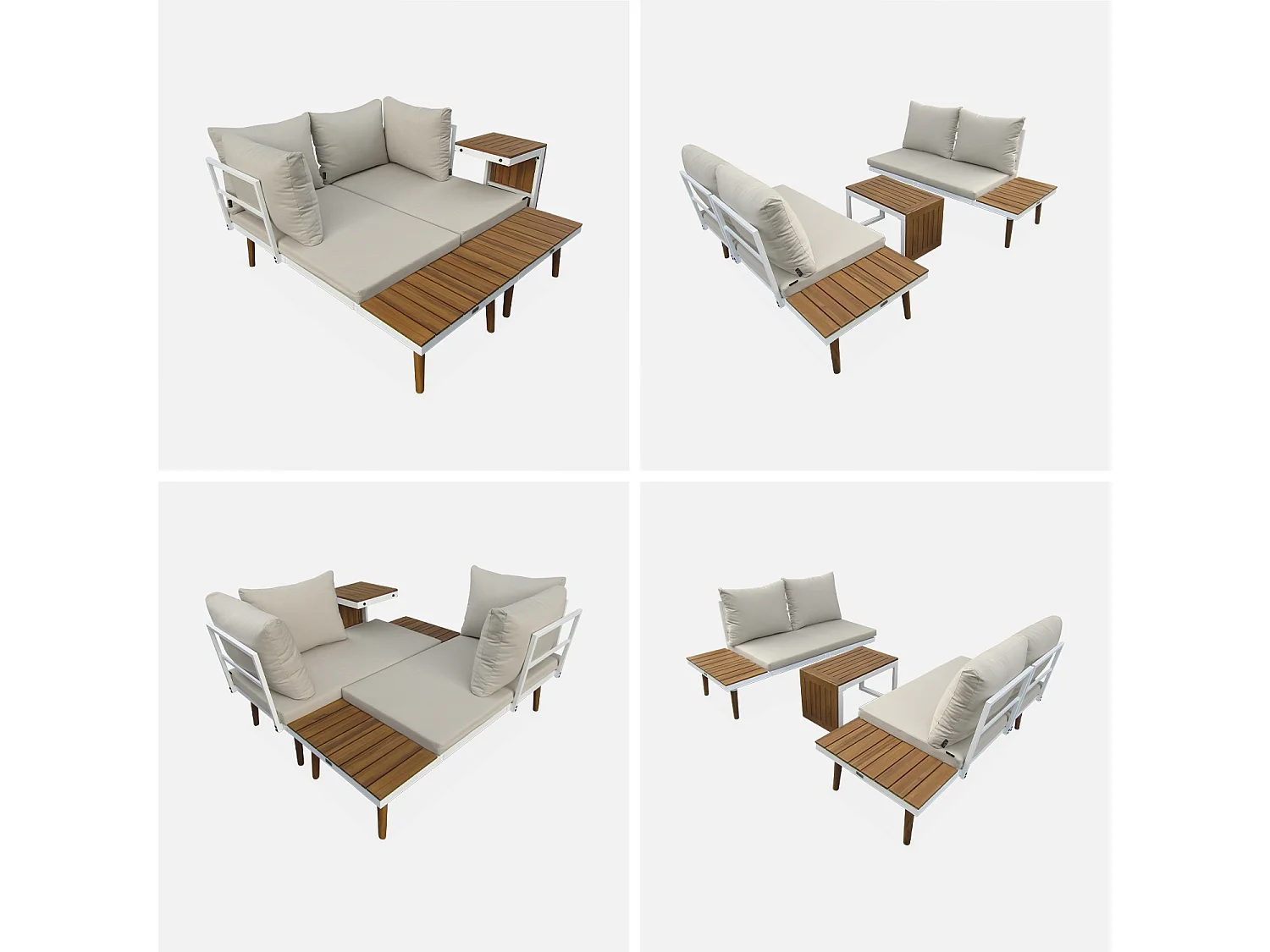 Salon de jardin beige et blanc  modulable en aluminium et bois d'acacia. 4 places. Sao Paulo.140 x 68 x 65cm