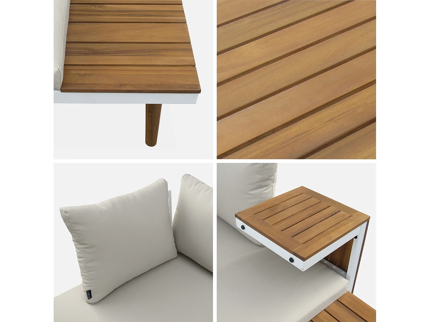 Salon de jardin beige et blanc  modulable en aluminium et bois d'acacia. 4 places. Sao Paulo.140 x 68 x 65cm