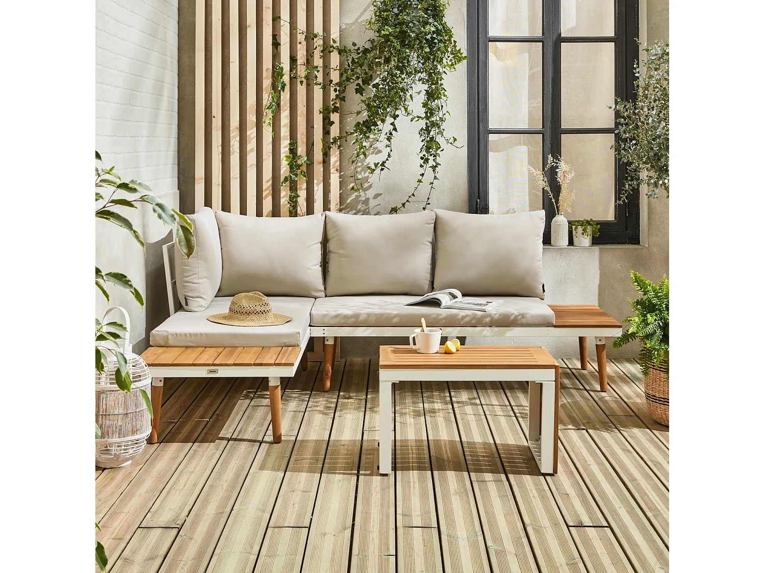 Salon de jardin beige et blanc  modulable en aluminium et bois d'acacia. 4 places. Sao Paulo.140 x 68 x 65cm
