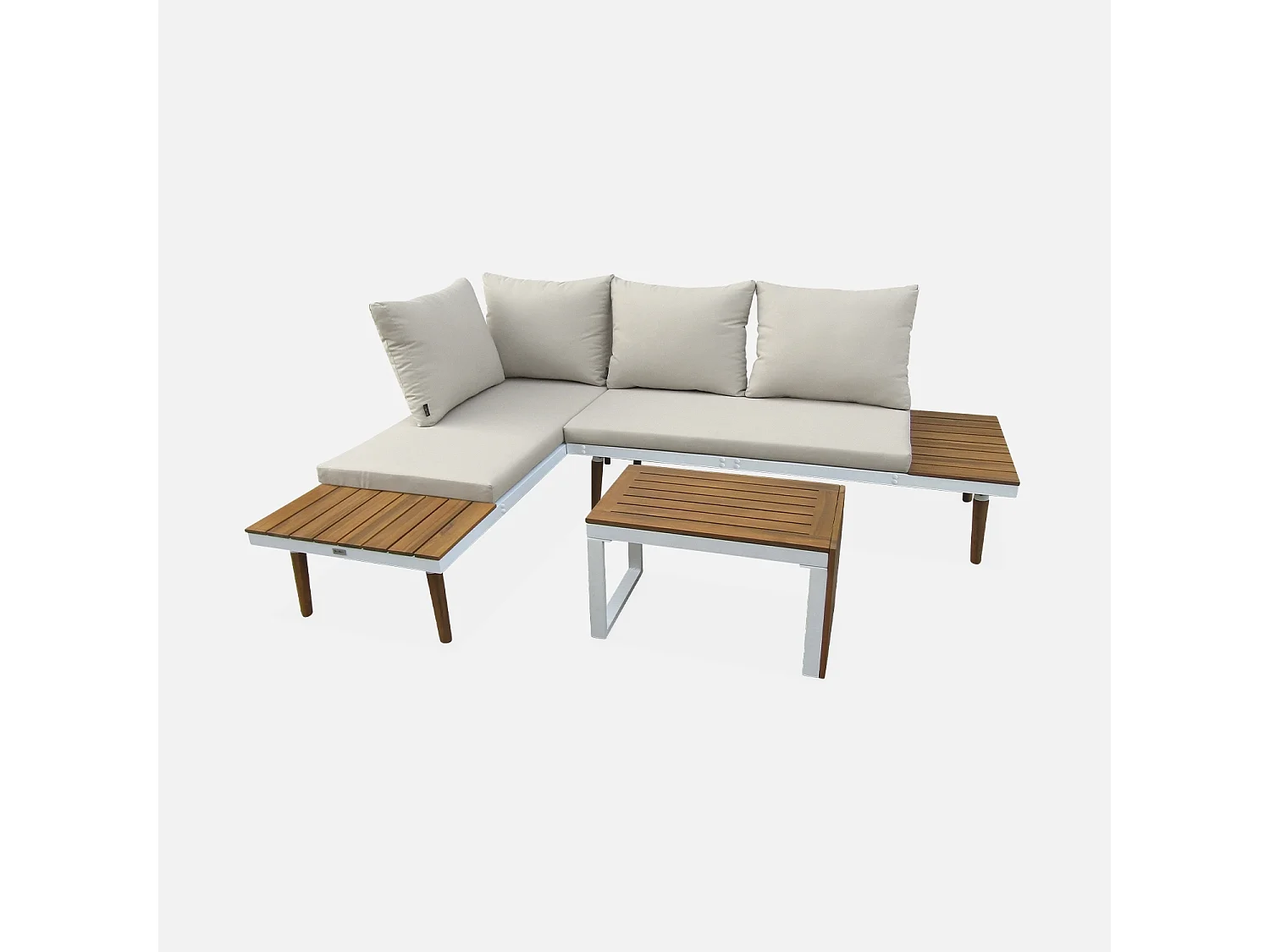 Salon de jardin beige et blanc  modulable en aluminium et bois d'acacia. 4 places. Sao Paulo.140 x 68 x 65cm