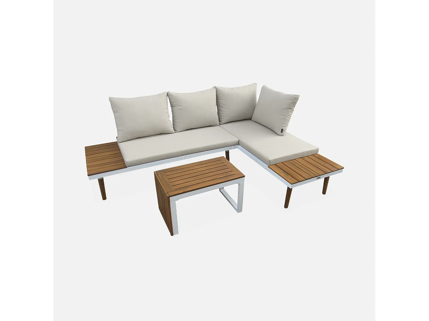 Salon de jardin beige et blanc  modulable en aluminium et bois d'acacia. 4 places. Sao Paulo.140 x 68 x 65cm