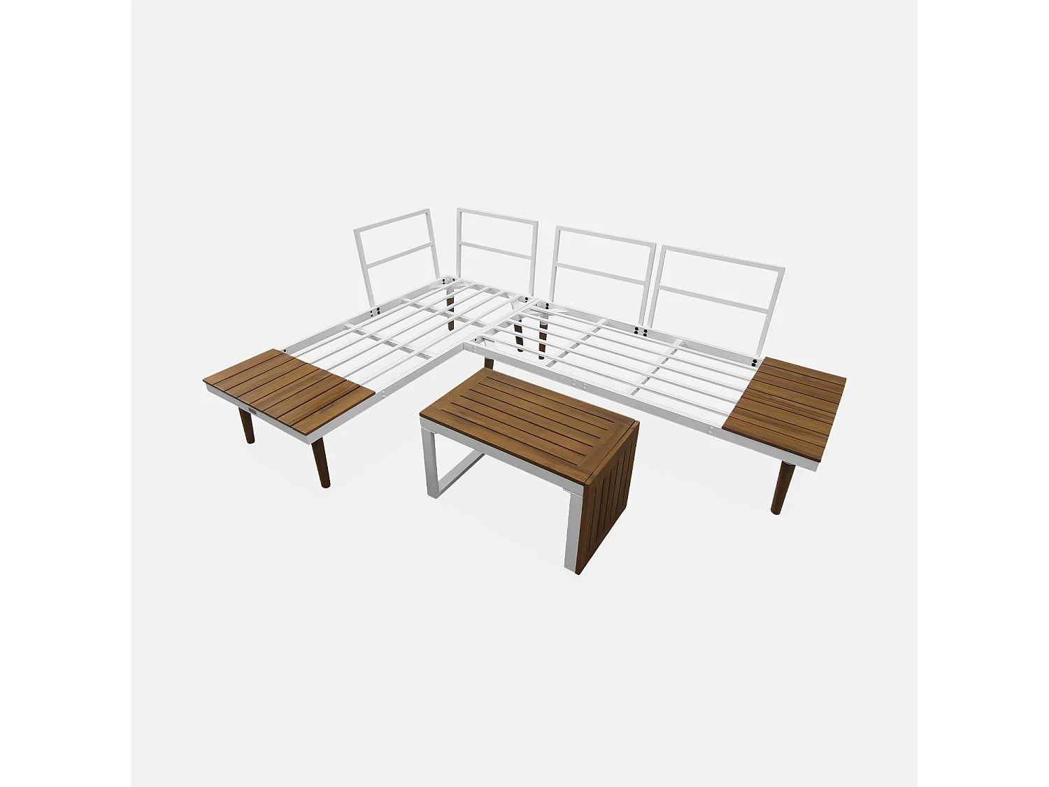 Salon de jardin beige et blanc  modulable en aluminium et bois d'acacia. 4 places. Sao Paulo.140 x 68 x 65cm