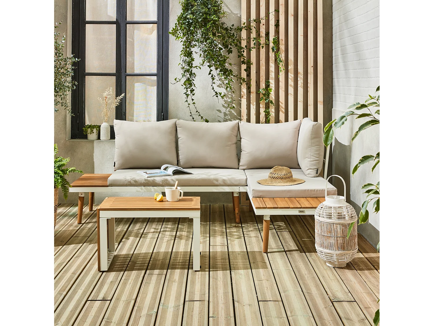 Salon de jardin beige et blanc  modulable en aluminium et bois d'acacia. 4 places. Sao Paulo.140 x 68 x 65cm