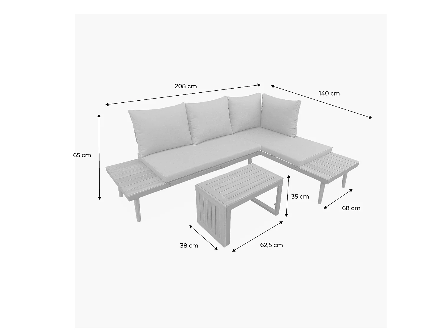 Salon de jardin beige et blanc  modulable en aluminium et bois d'acacia. 4 places. Sao Paulo.140 x 68 x 65cm