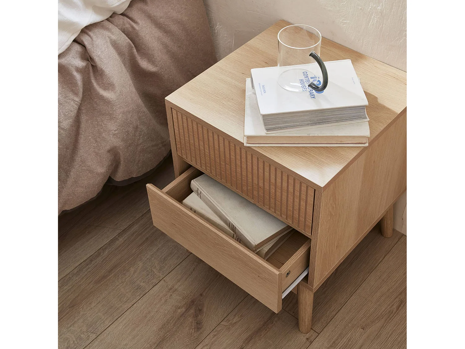 Mesita de noche de 2 cajones con efecto madera, set de 2 natural