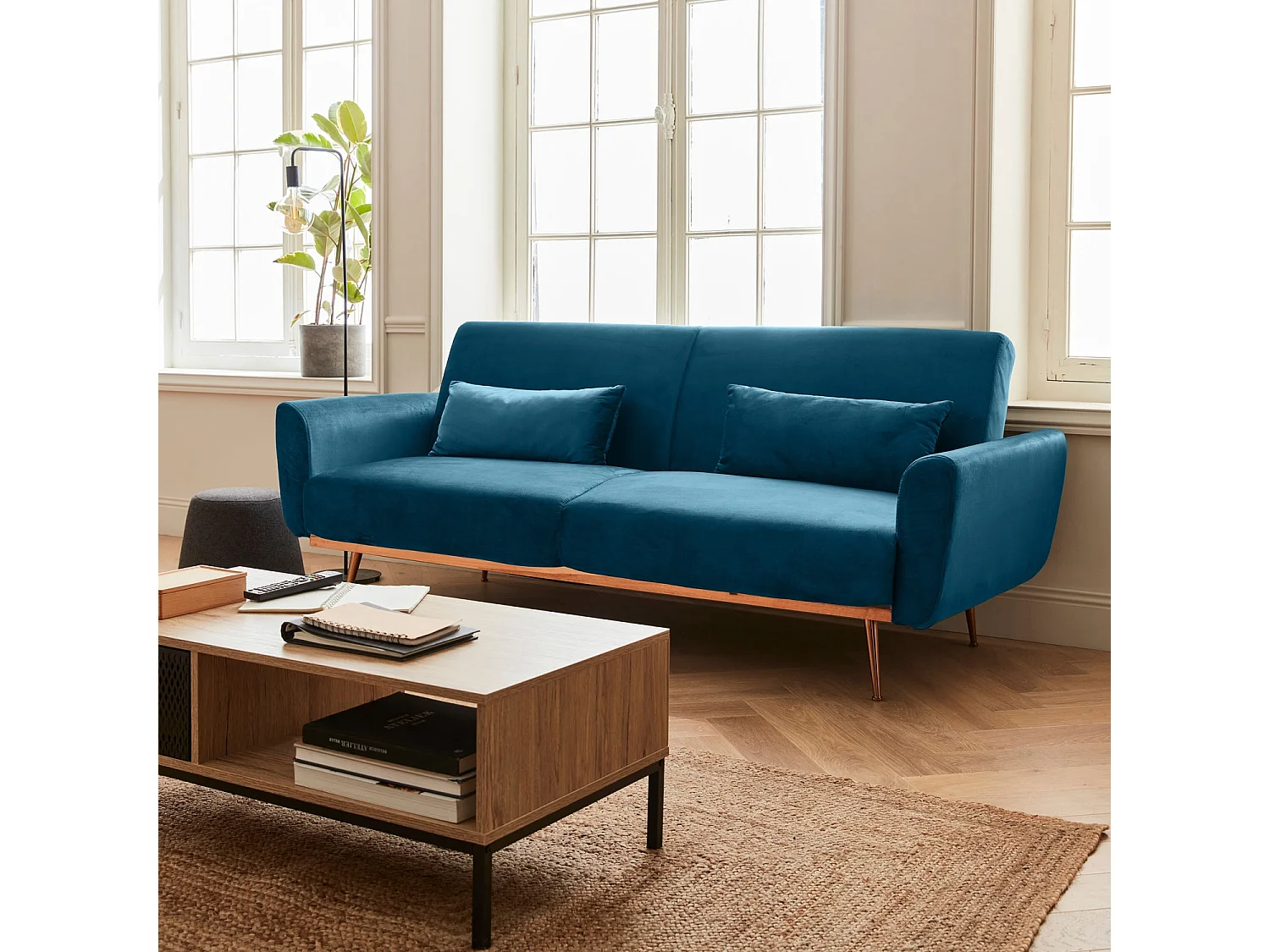 Divano letto 3 posti reclinabile in velluto, blu