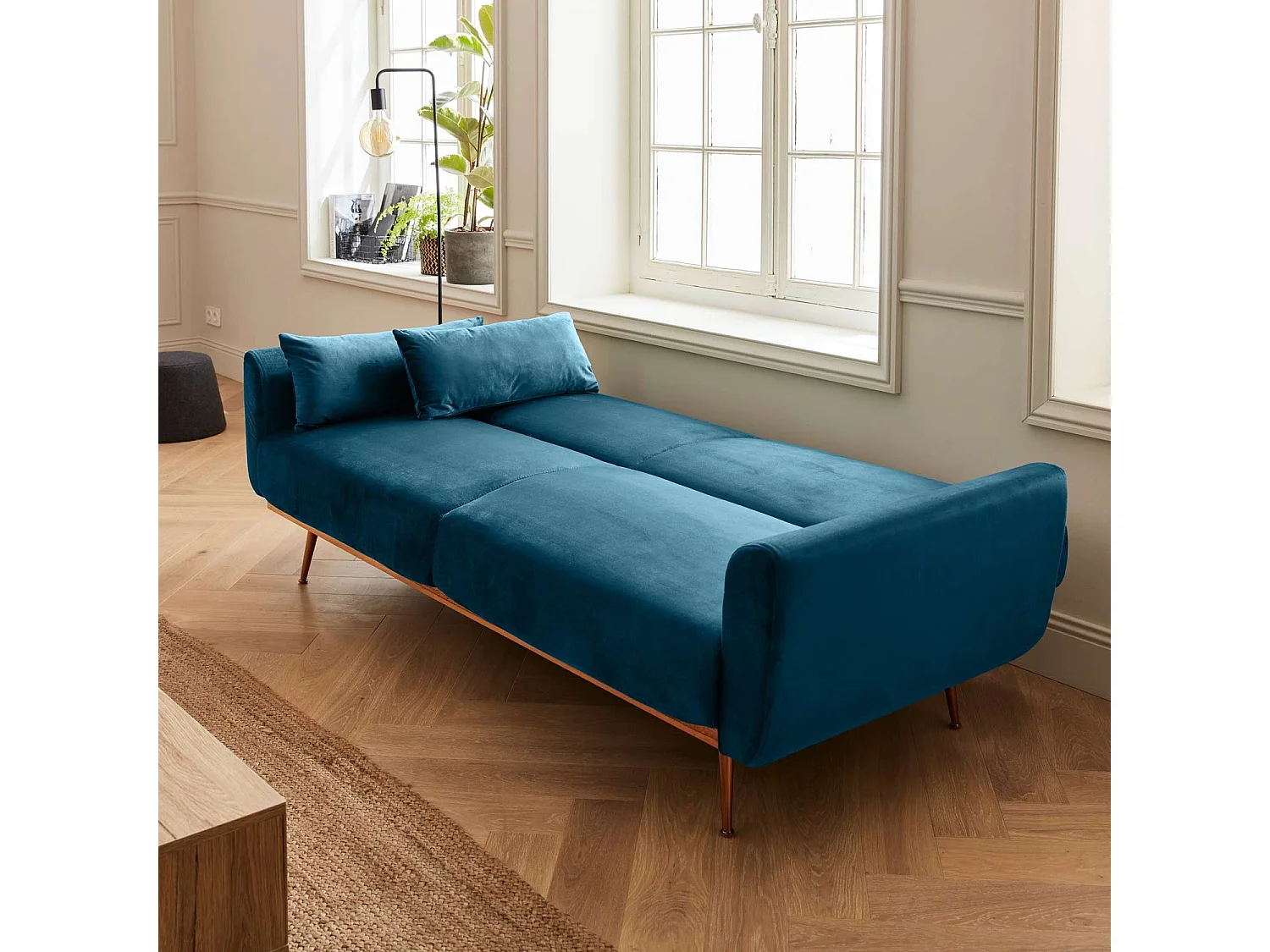 Divano letto 3 posti reclinabile in velluto, blu