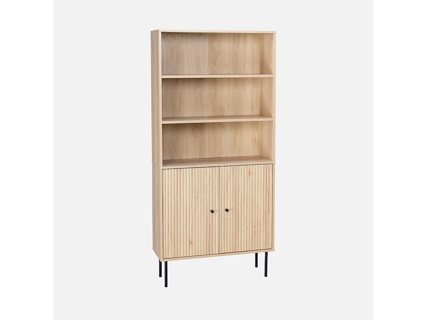Librería de madera y metal negro con 2 puertas natural