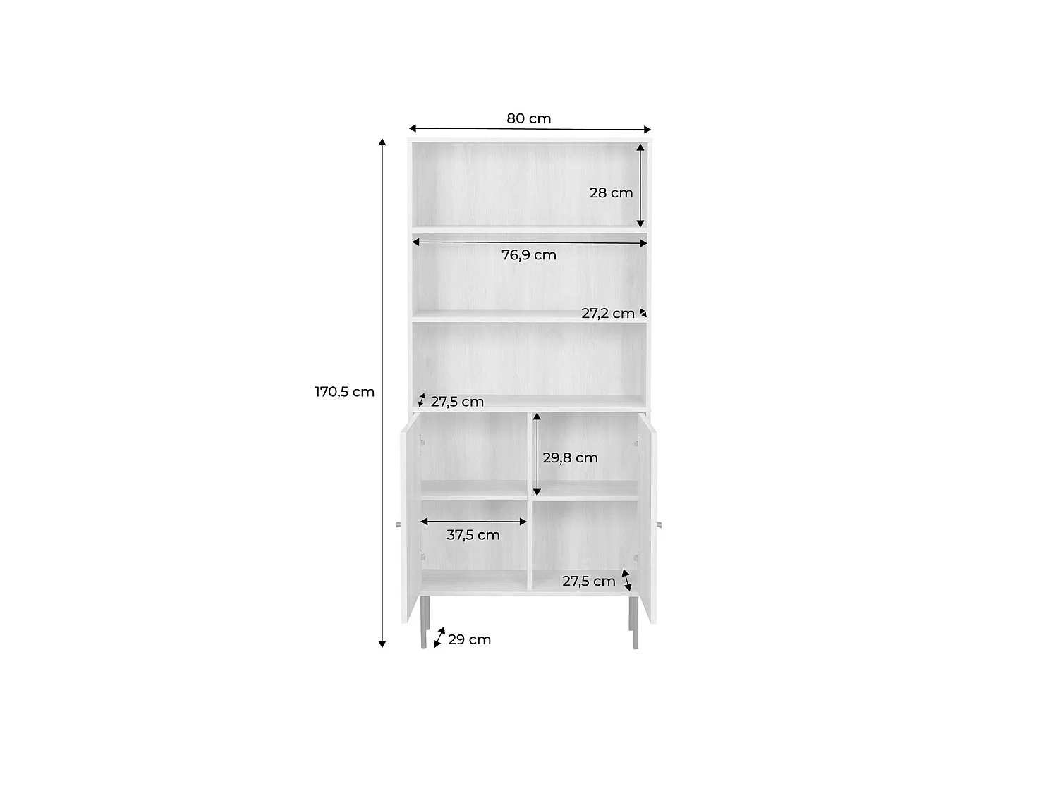 Librería de madera y metal negro con 2 puertas, Natural