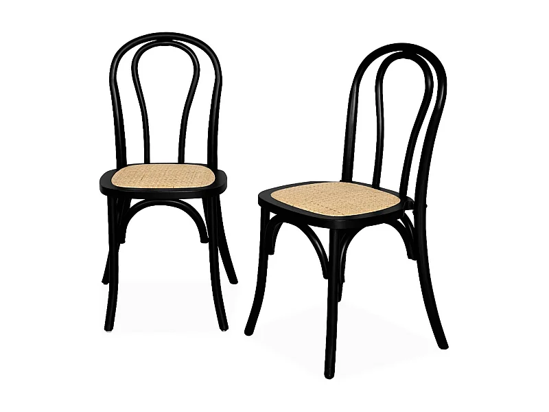 Set di 2 sedie vintage in legno e rattan, nero