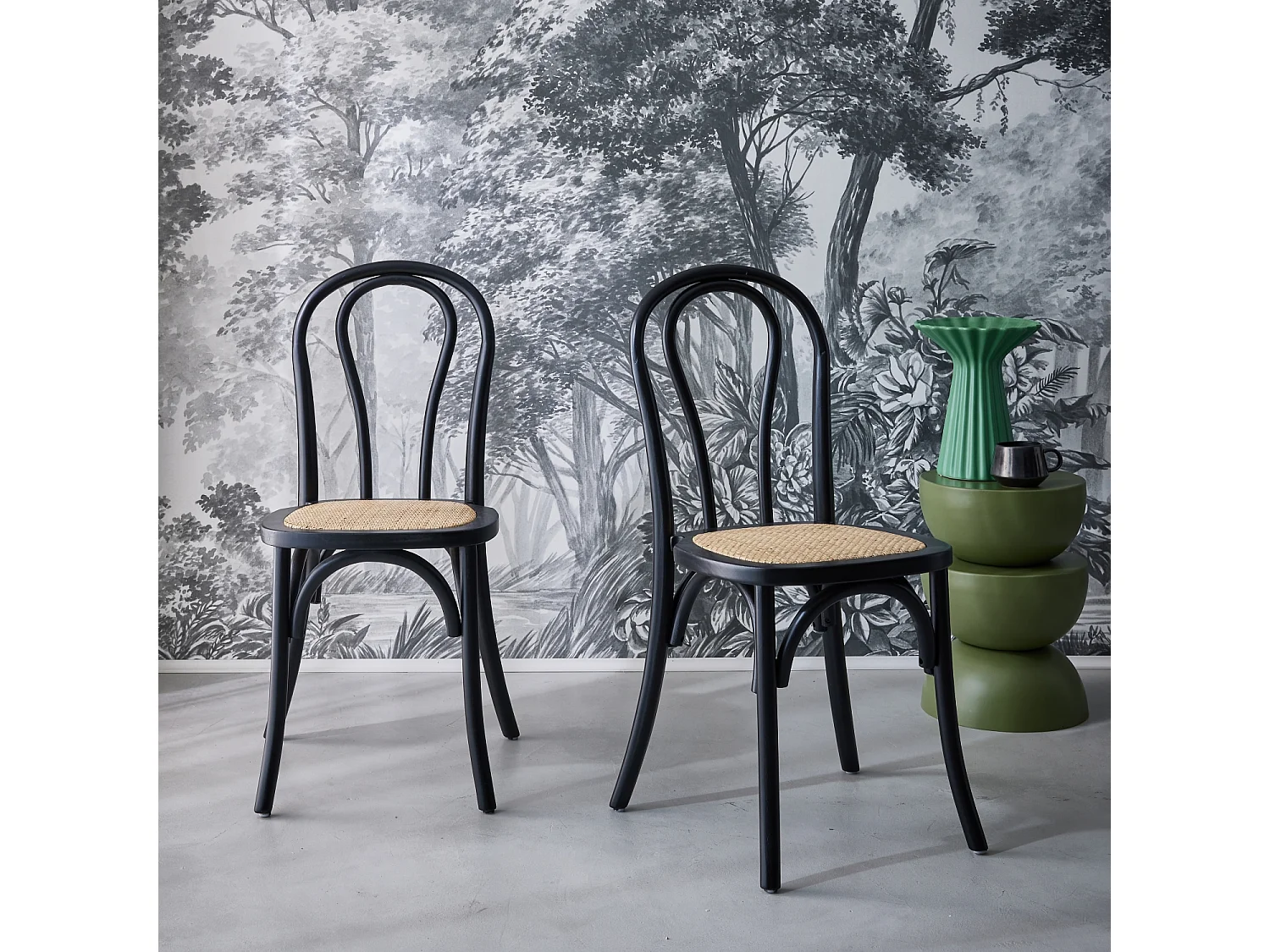 Set di 2 sedie vintage in legno e rattan, nero