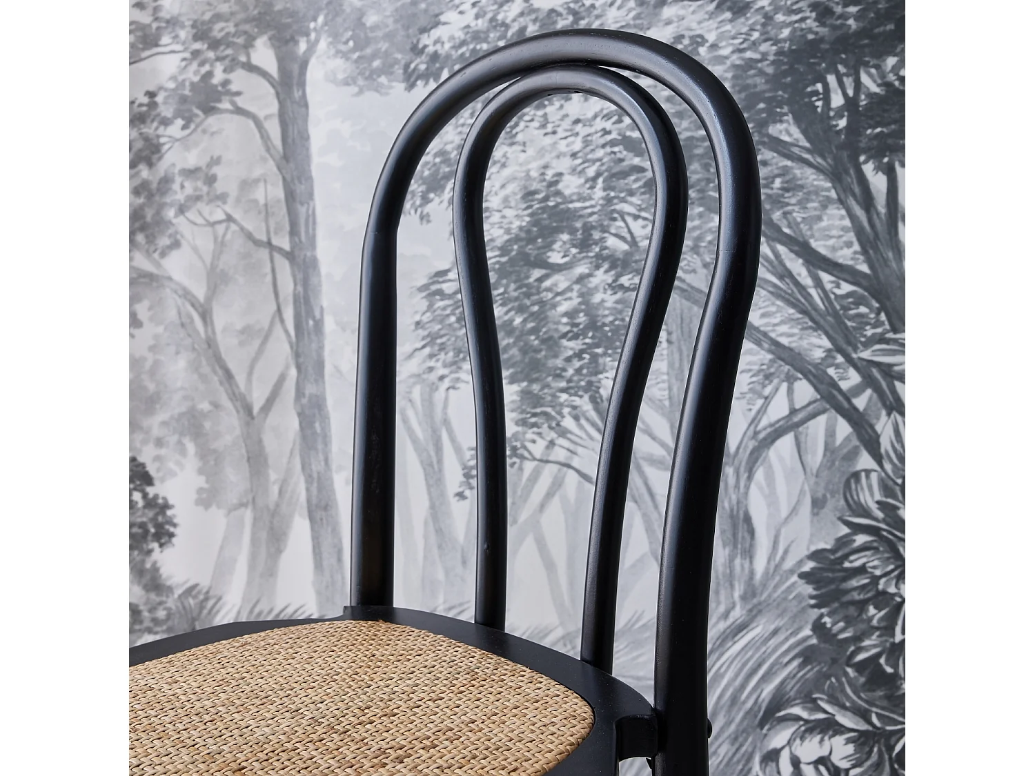 Lot de deux chaises vintage en bois avec assise en rotin et dossier arrondi coloris noir