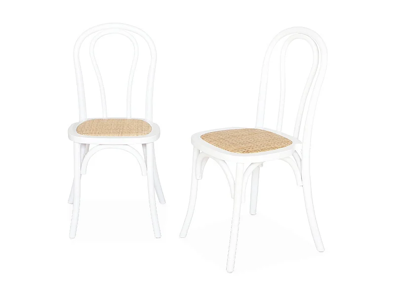 Lot de deux chaises vintage en bois avec assise en rotin et dossier arrondi coloris blanc