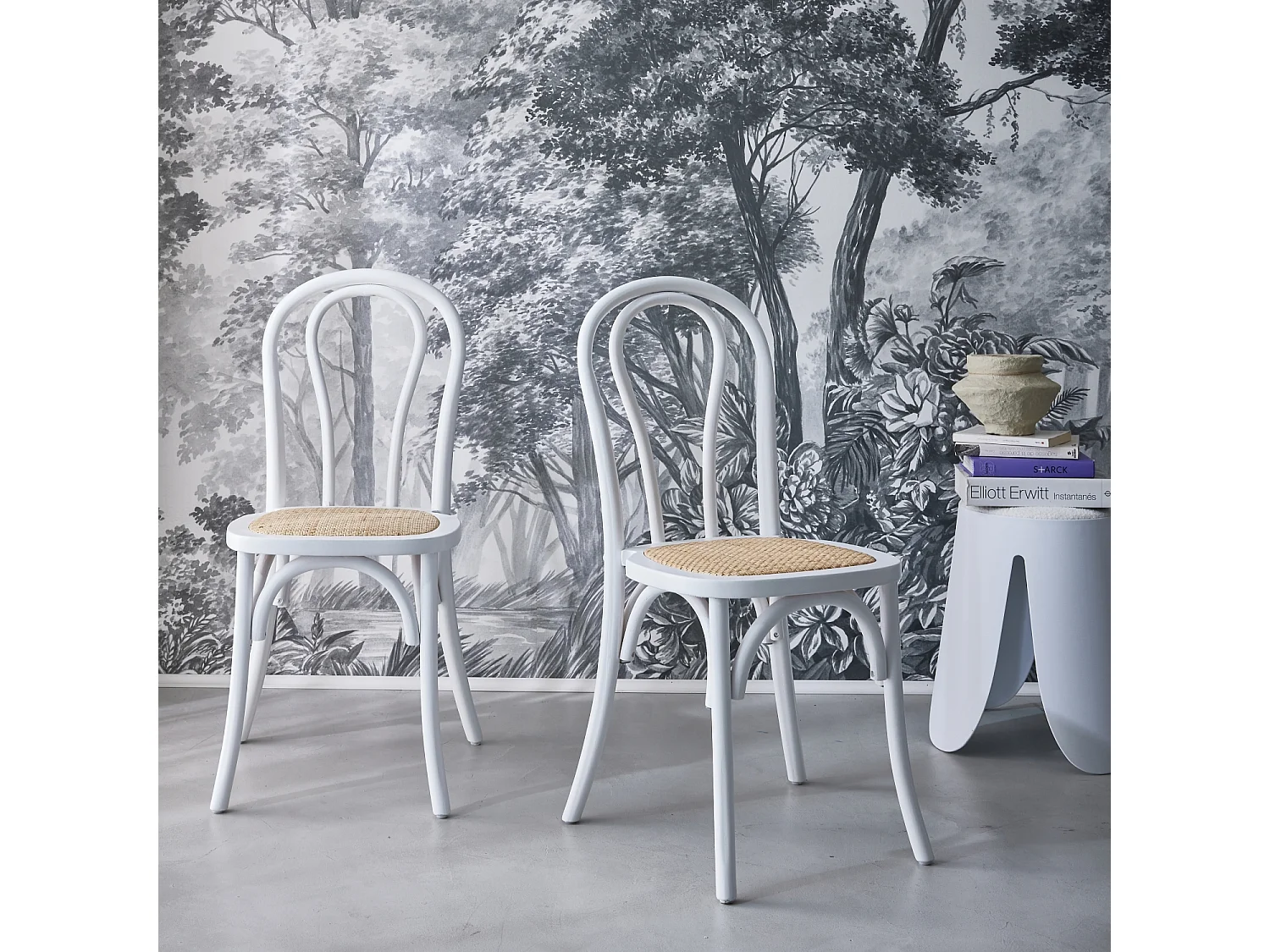 Set di 2 sedie vintage in legno e rattan, bianco