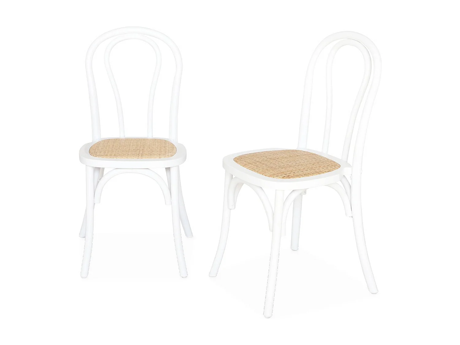 Lot de deux chaises vintage en bois avec assise en rotin et dossier arrondi coloris blanc