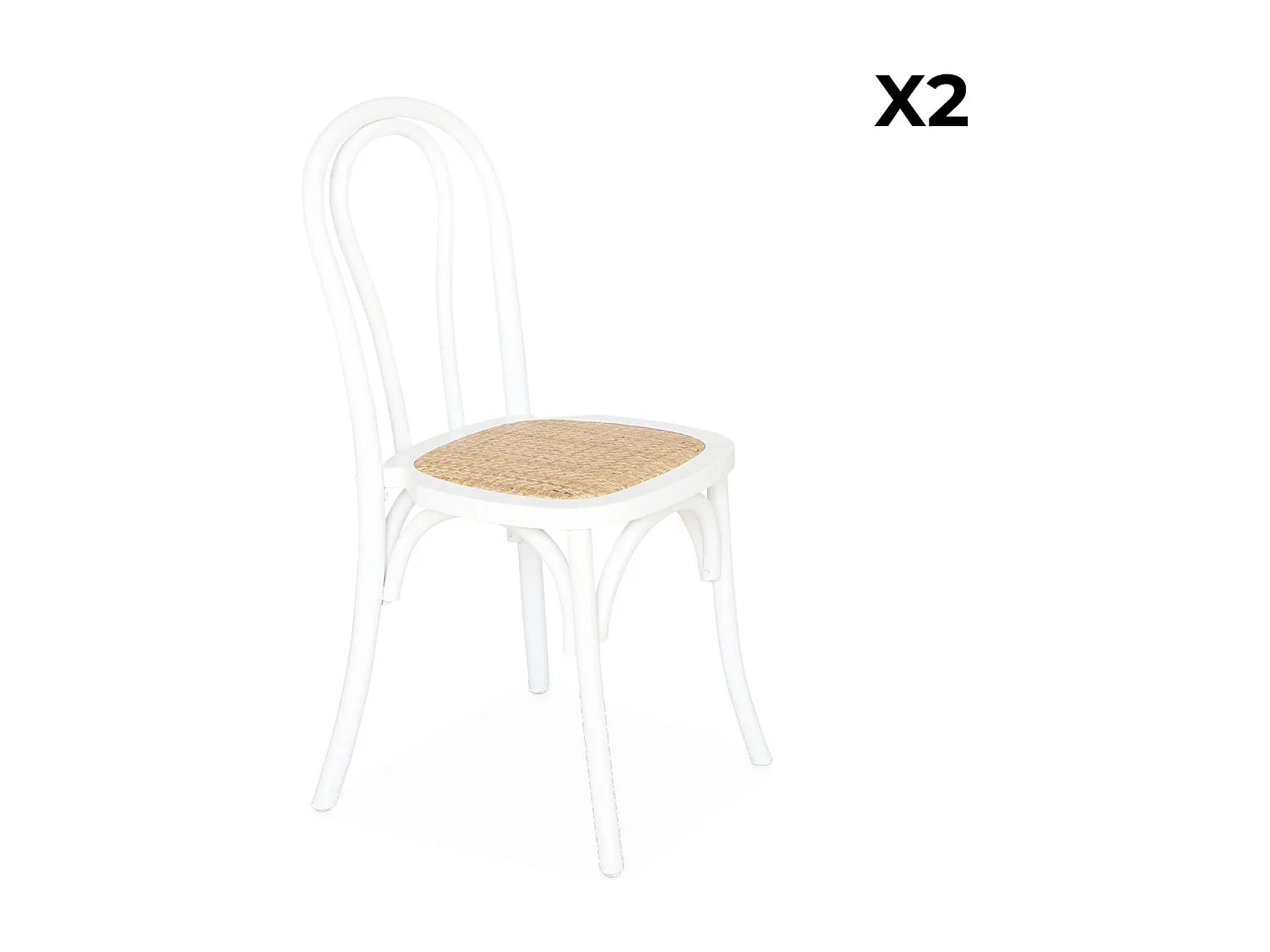 Lot de deux chaises vintage en bois avec assise en rotin et dossier arrondi coloris blanc