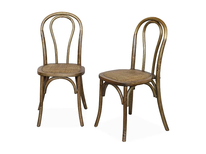 Set 2 sedie vintage in legno e rattan, marrone
