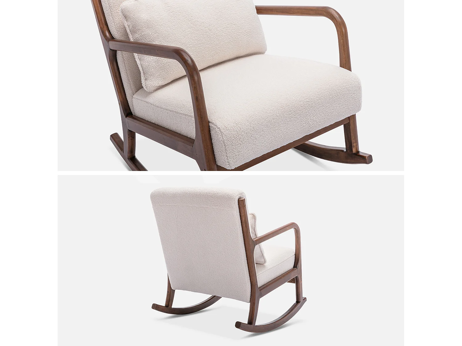 Mecedora escandinava con borreguito y madera de hevea crema