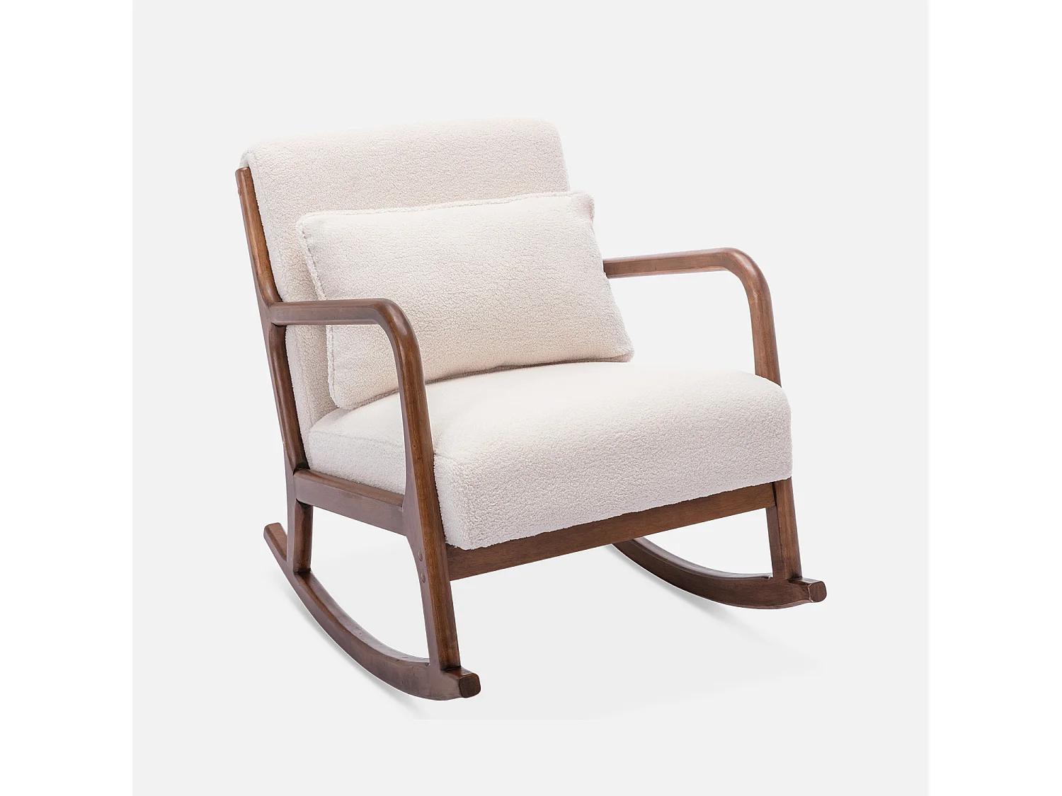 Poltrona a dondolo scandinava in legno e tessuto bouclé, bianco