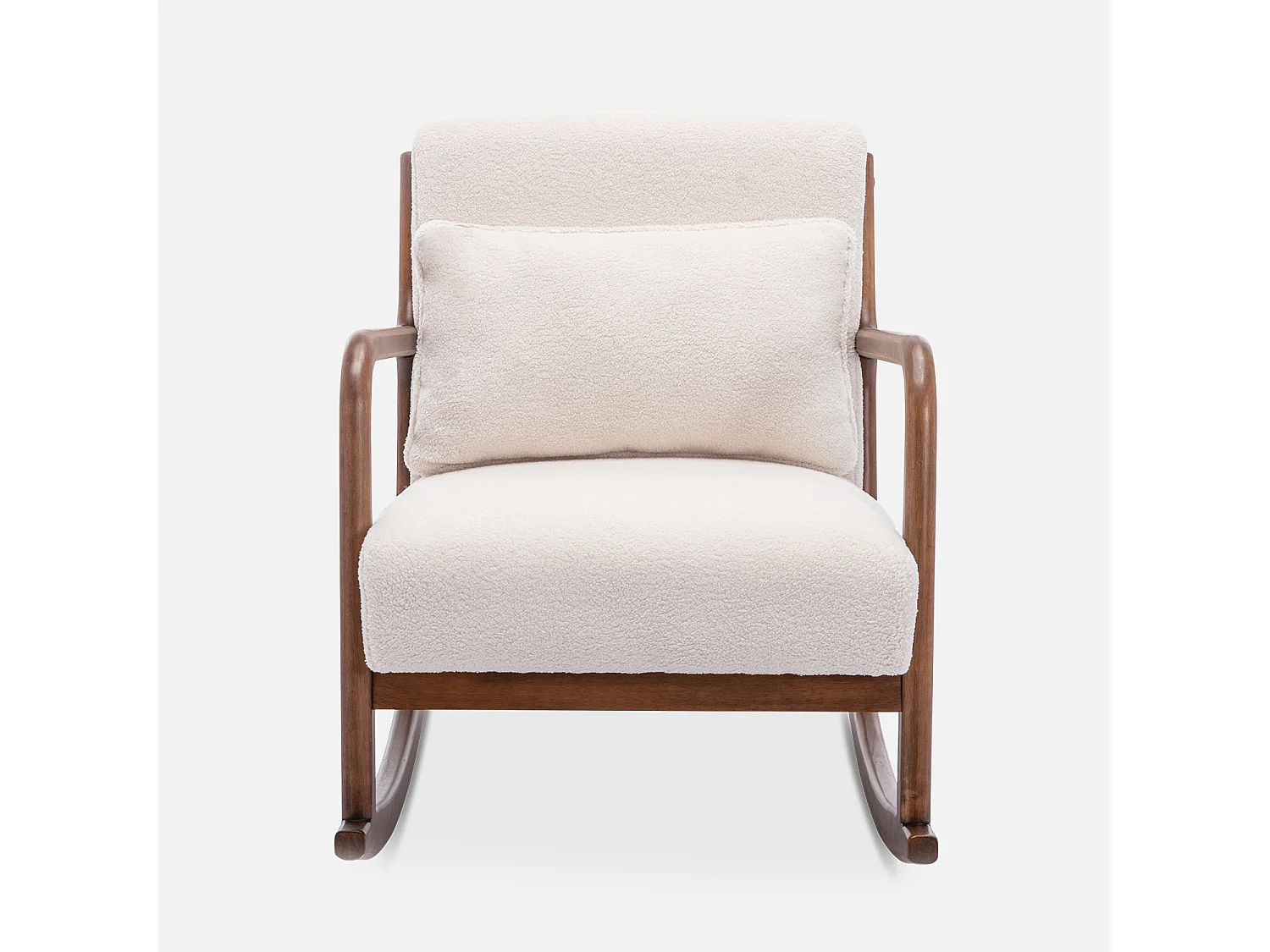 Poltrona a dondolo scandinava in legno e tessuto bouclé, bianco