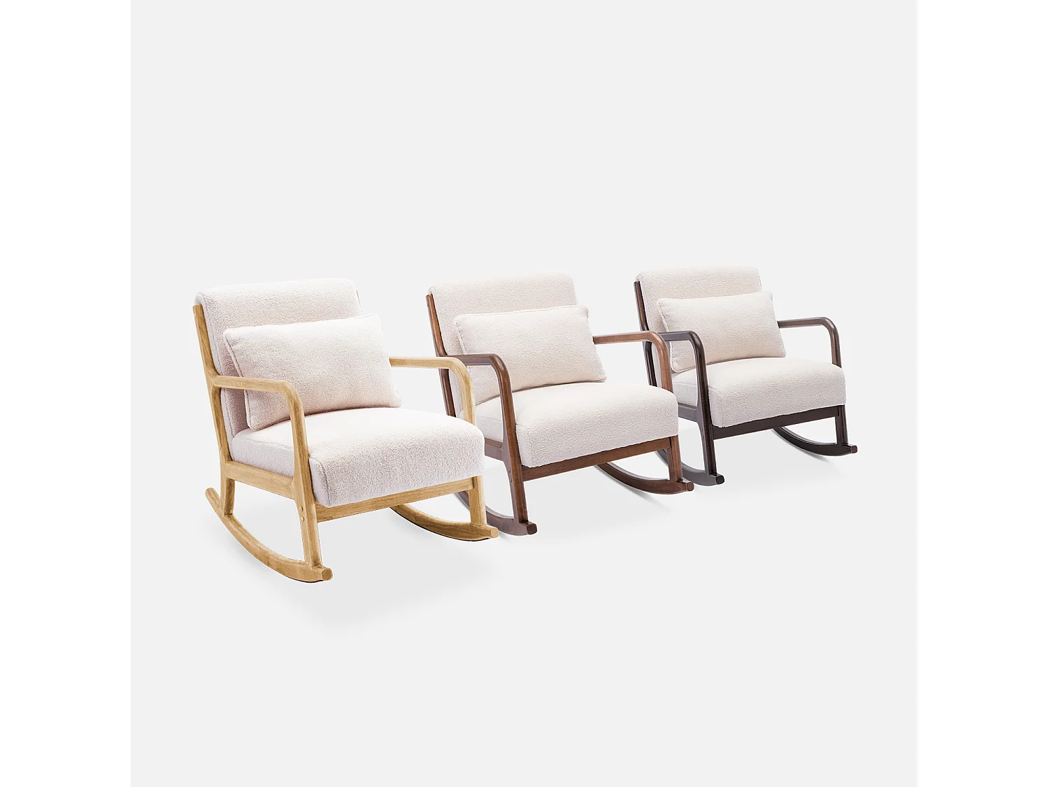 Poltrona a dondolo scandinava in legno e tessuto bouclé, bianco