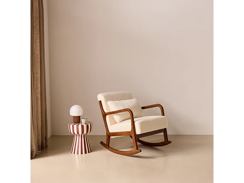 Poltrona a dondolo scandinava in legno e tessuto bouclé, Lorens bouclé, Crema, 65x80x81.5 cm