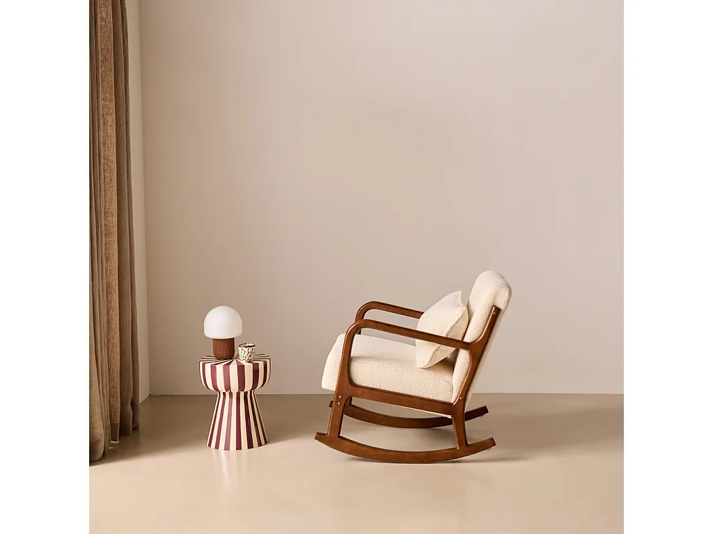 Poltrona a dondolo scandinava in legno e tessuto bouclé, Lorens bouclé, Crema, 65x80x81.5 cm