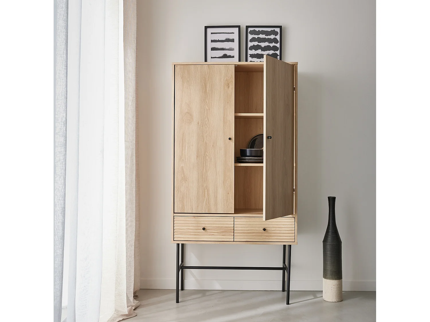 Armoire dressing effet bois rainuré 2 portes. 2 tiroirs. 3 étagères. buffet haut. vaisselier