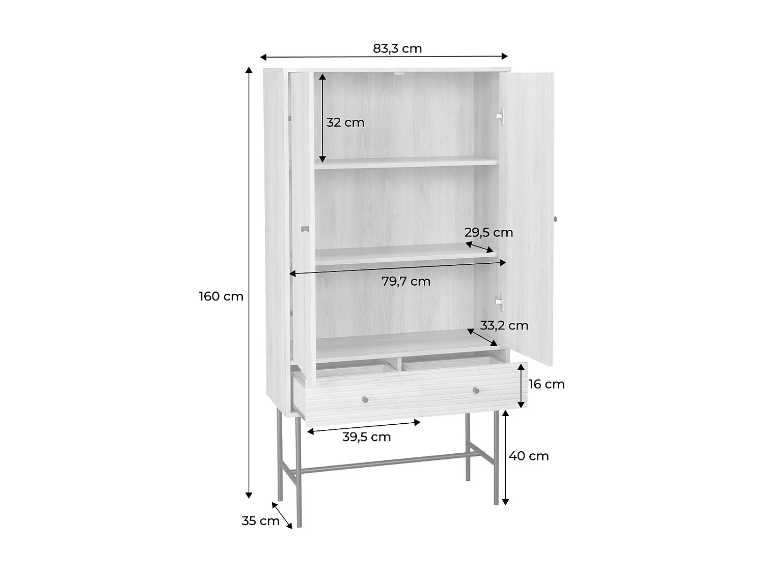 Armoire dressing effet bois rainuré 2 portes. 2 tiroirs. 3 étagères. buffet haut. vaisselier