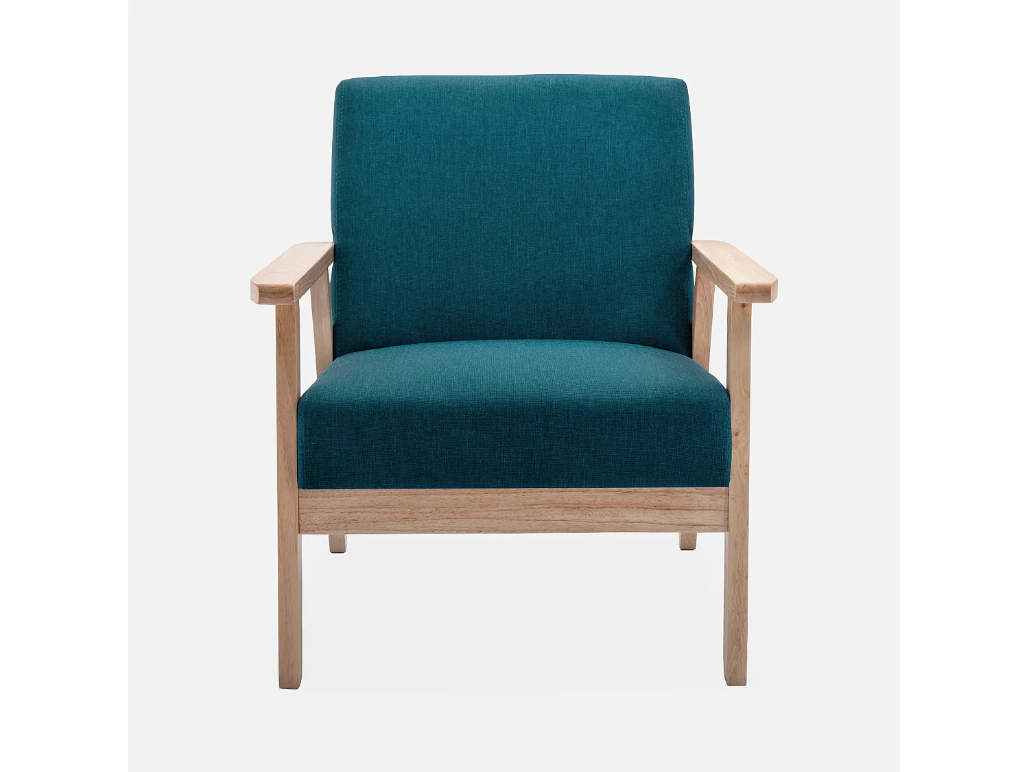 Sillón estilo escandinavo de madera y tela azul esmeralda