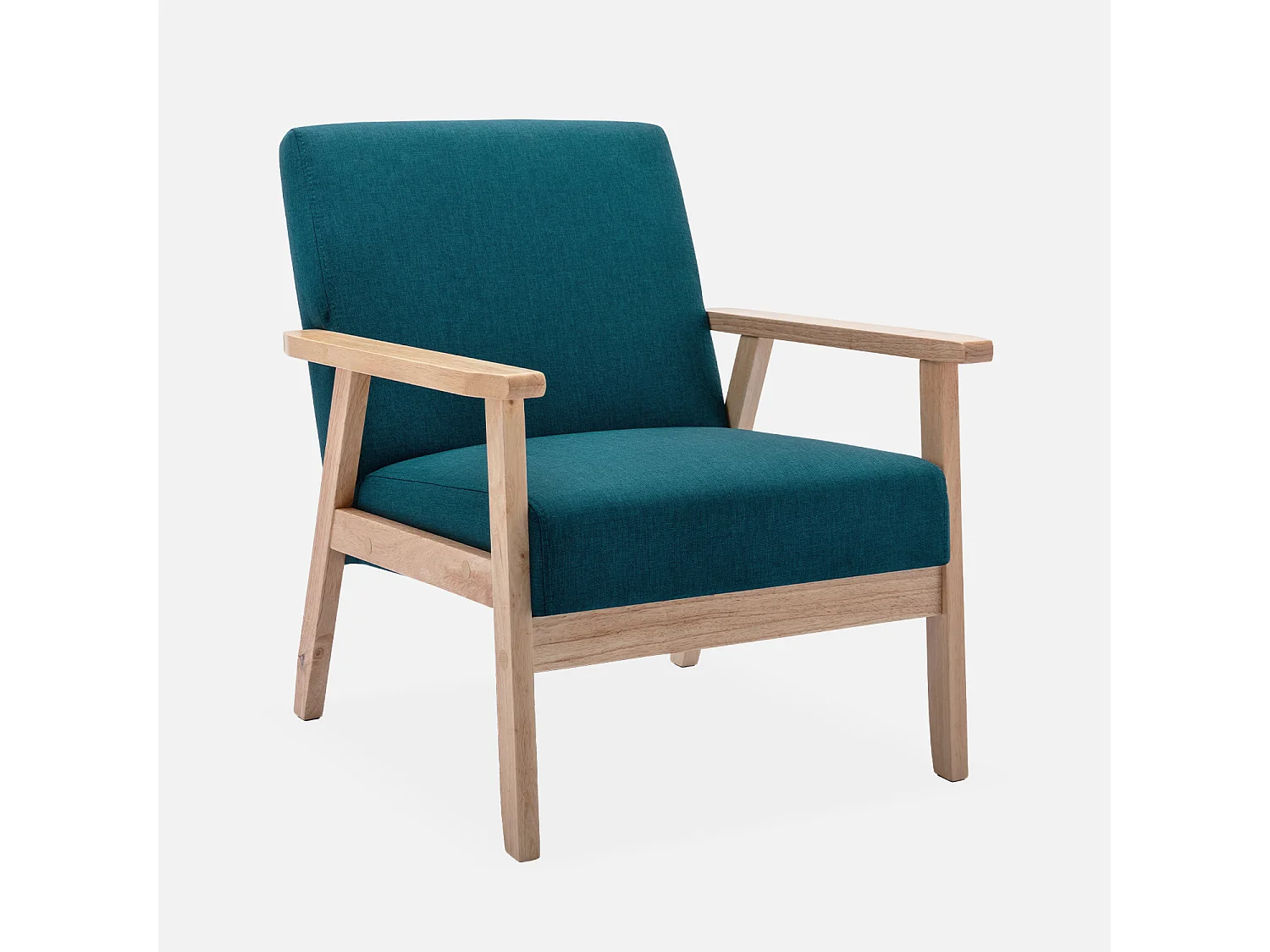 Fauteuil scandinave en bois et tissu bleu pétrole. Isak. L 64 x P 69.5 x H 73cm