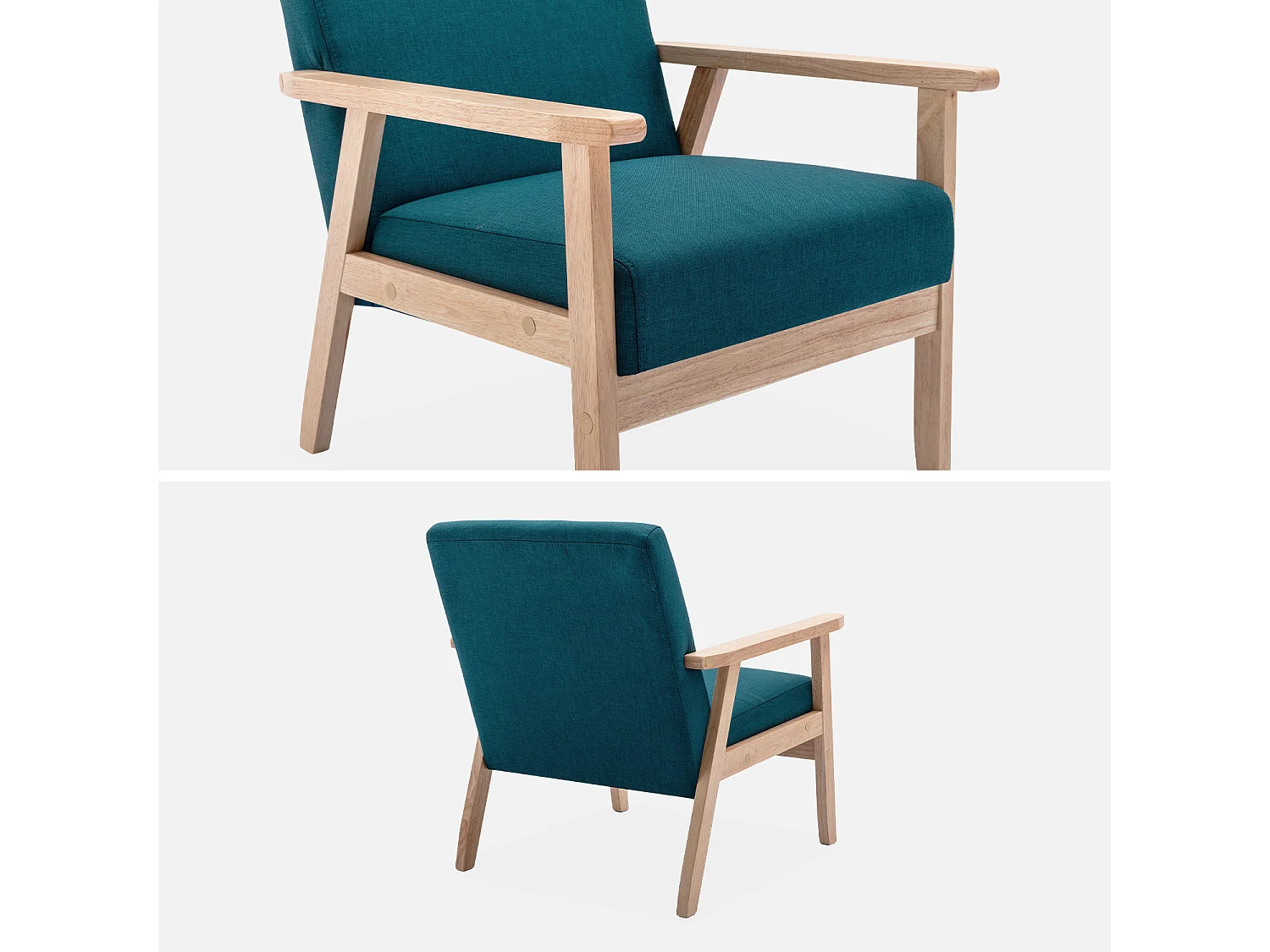 Fauteuil scandinave en bois et tissu bleu pétrole. Isak. L 64 x P 69.5 x H 73cm