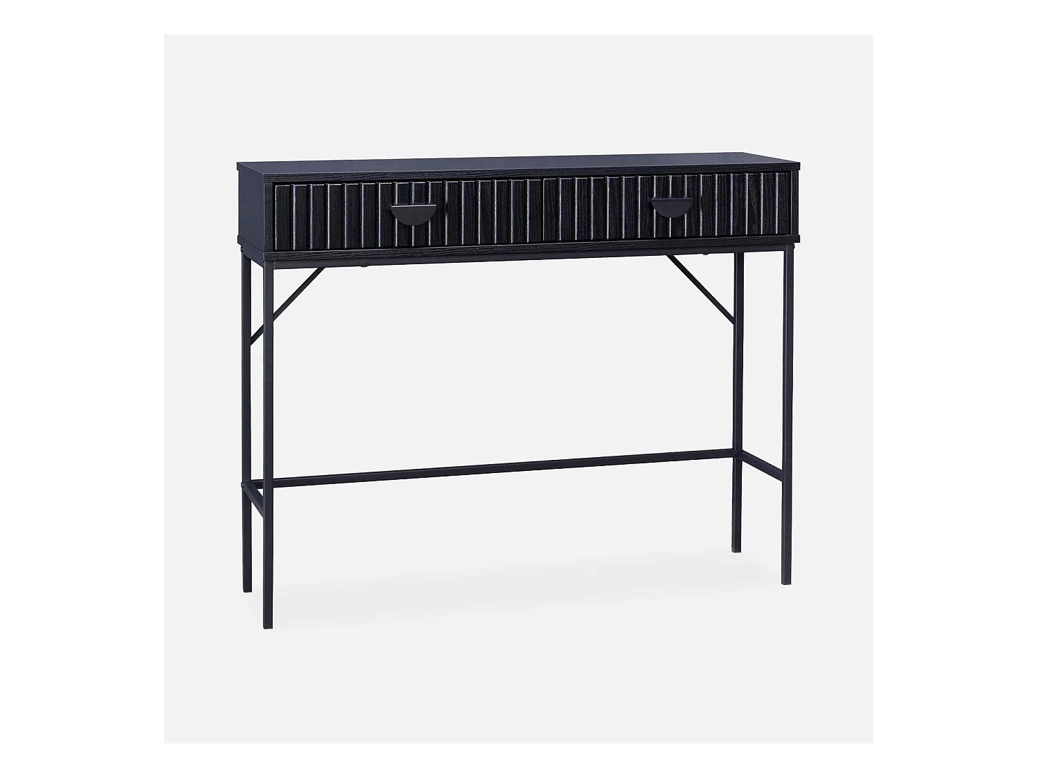 Console 2 tiroirs effet bois rainuré noir. pieds métal noir