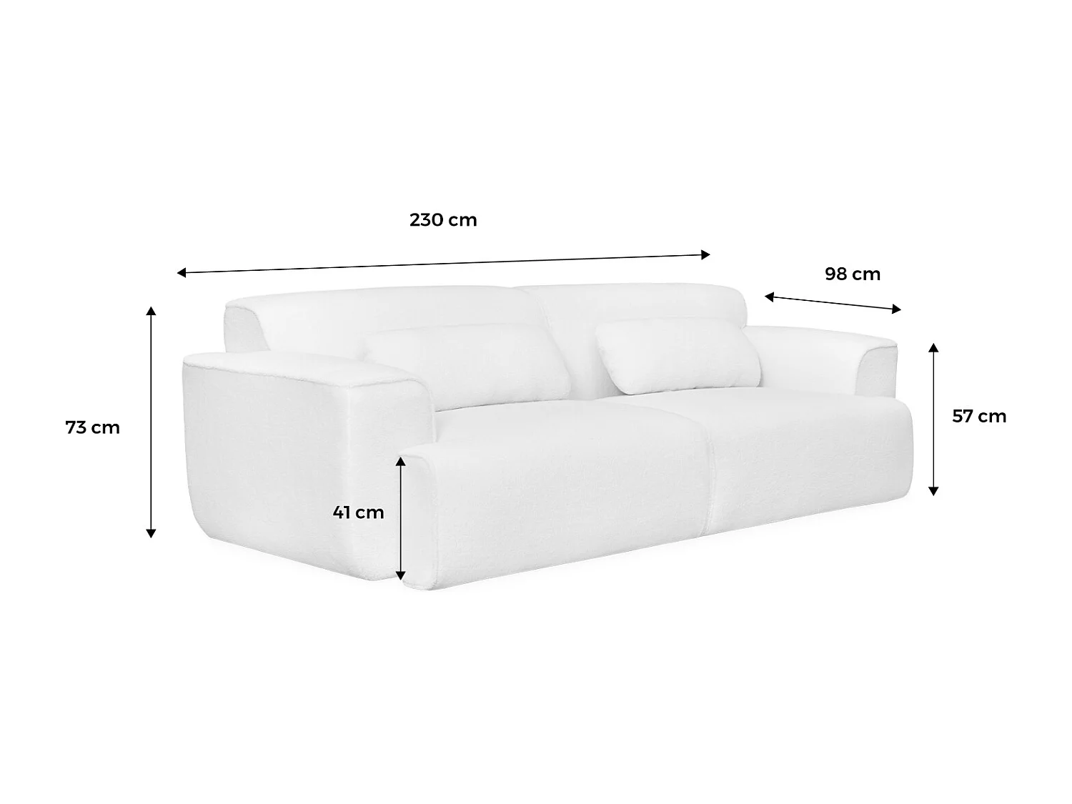 Canapé 3 places. tissu bouclette. 2 coussins déhoussables. Wallas  L 230 x P 98 x H 73cm