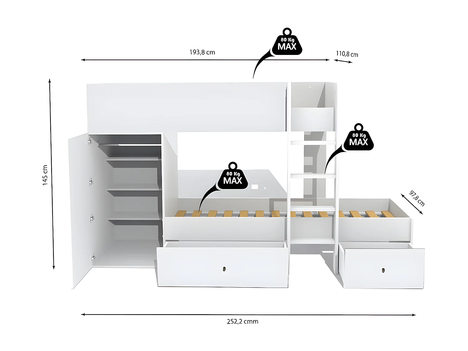 Lit superposé TWIN 90x190 avec armoire et tiroirs + 2 sommiers / Blanc
