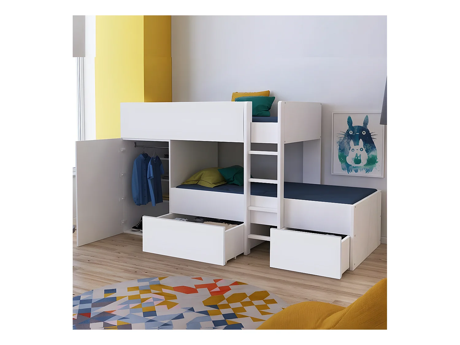 Lit superposé TWIN 90x190 avec armoire et tiroirs + 2 sommiers / Blanc