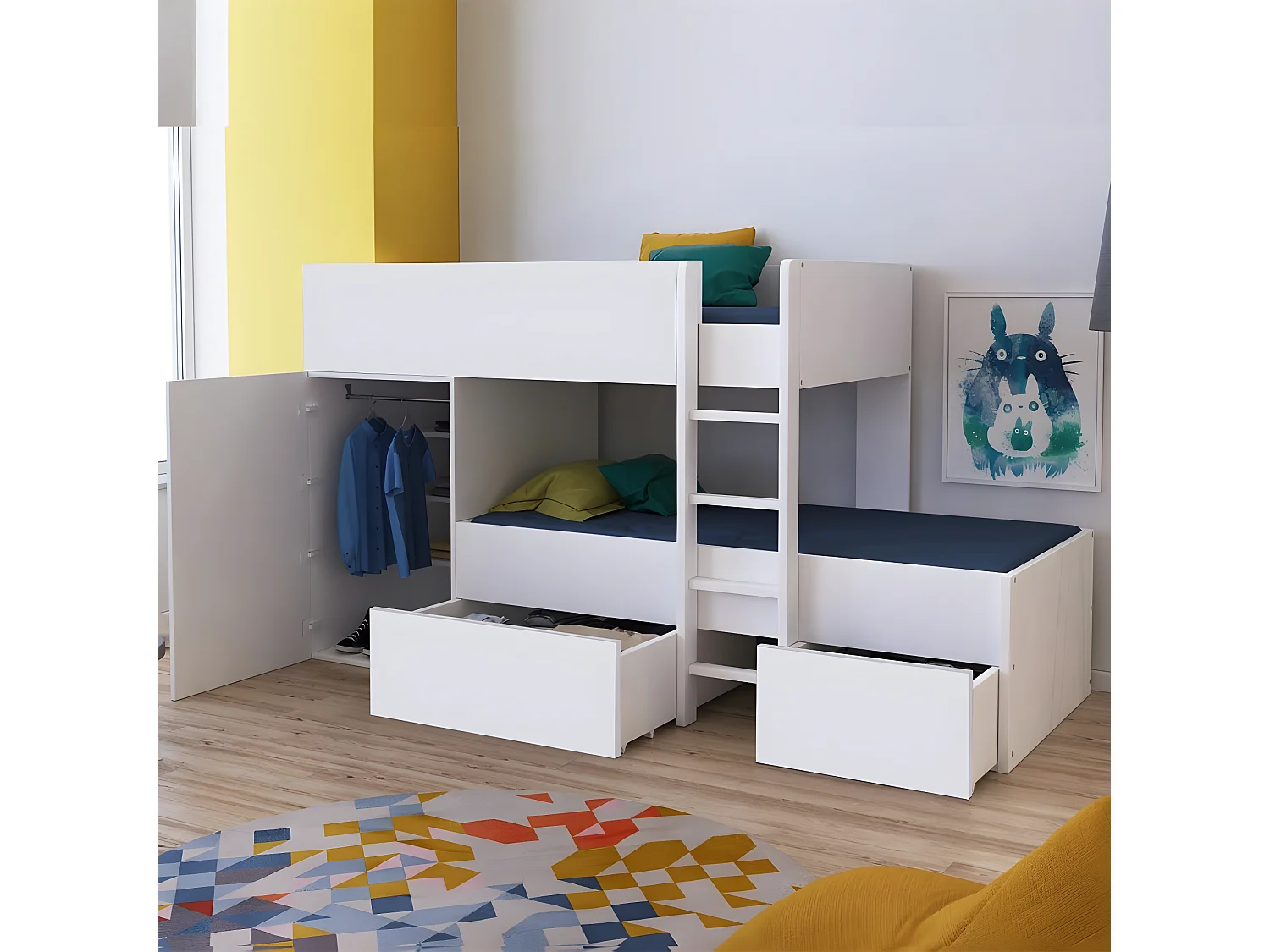 Lit superposé TWIN 90x190 avec armoire et tiroirs + 2 sommiers / Blanc