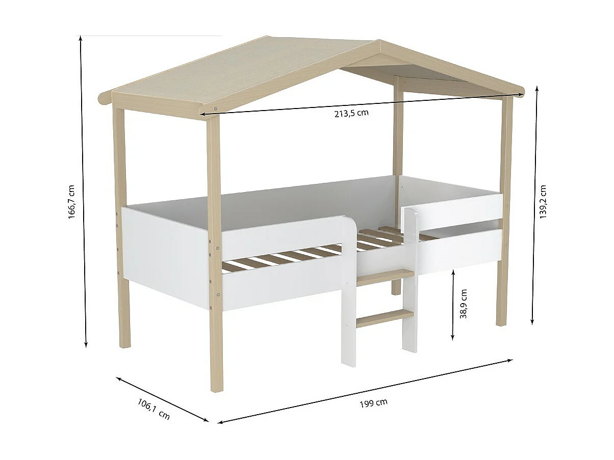 Lit cabane PILOTI 90x190 + 1sommier / Blanc et naturel