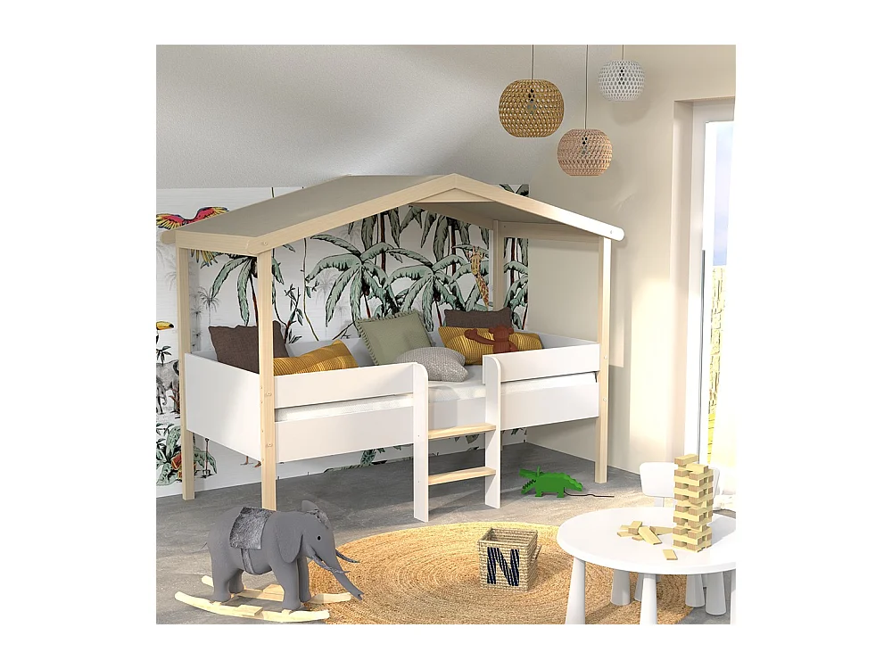 Lit cabane PILOTI 90x190 + 1sommier / Blanc et naturel