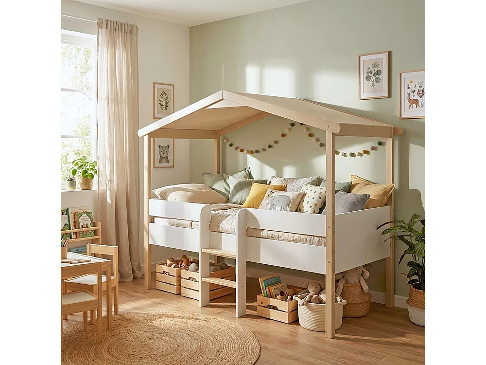 Lit cabane PILOTI 90x190 + 1sommier / Blanc et naturel