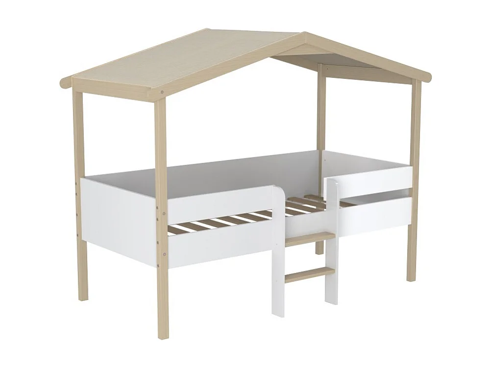 Lit cabane PILOTI 90x190 + 1sommier / Blanc et naturel