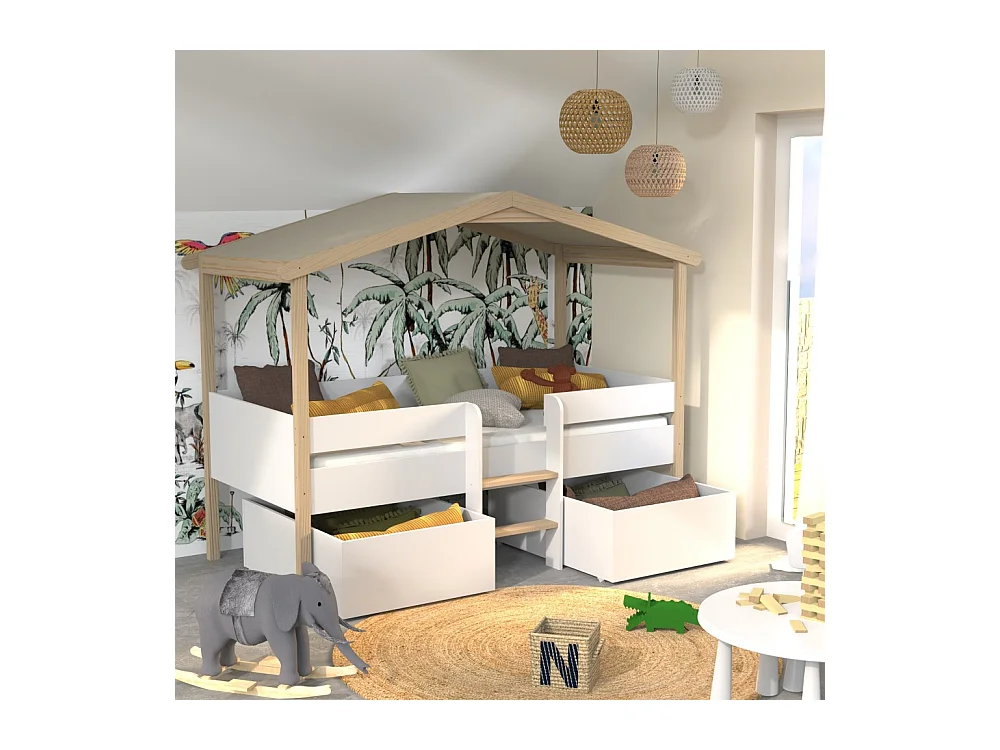 Lit cabane PILOTI 90x200 + 2 tiroirs + 1sommier / Blanc et naturel