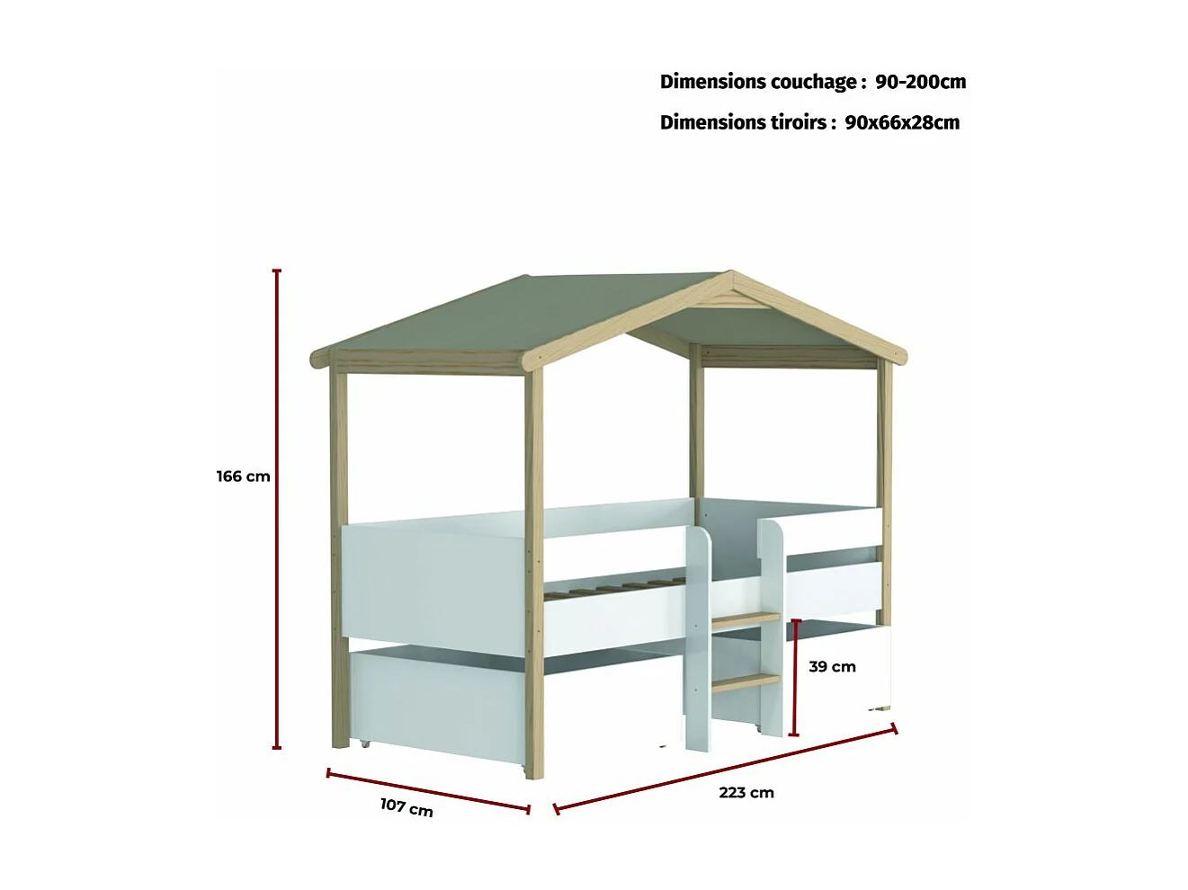 Lit cabane PILOTI 90x200 + 2 tiroirs + 1sommier / Blanc et naturel