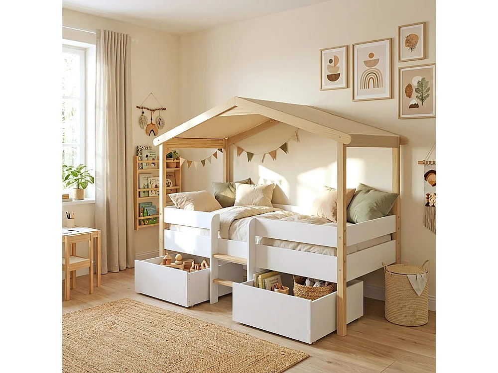 Lit cabane PILOTI 90x200 + 2 tiroirs + 1sommier / Blanc et naturel