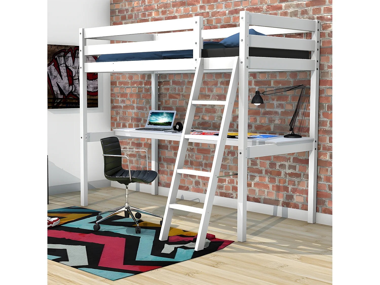 Lit mezzanine ASPEN 90x190 + 1 sommier + bureau / Blanc