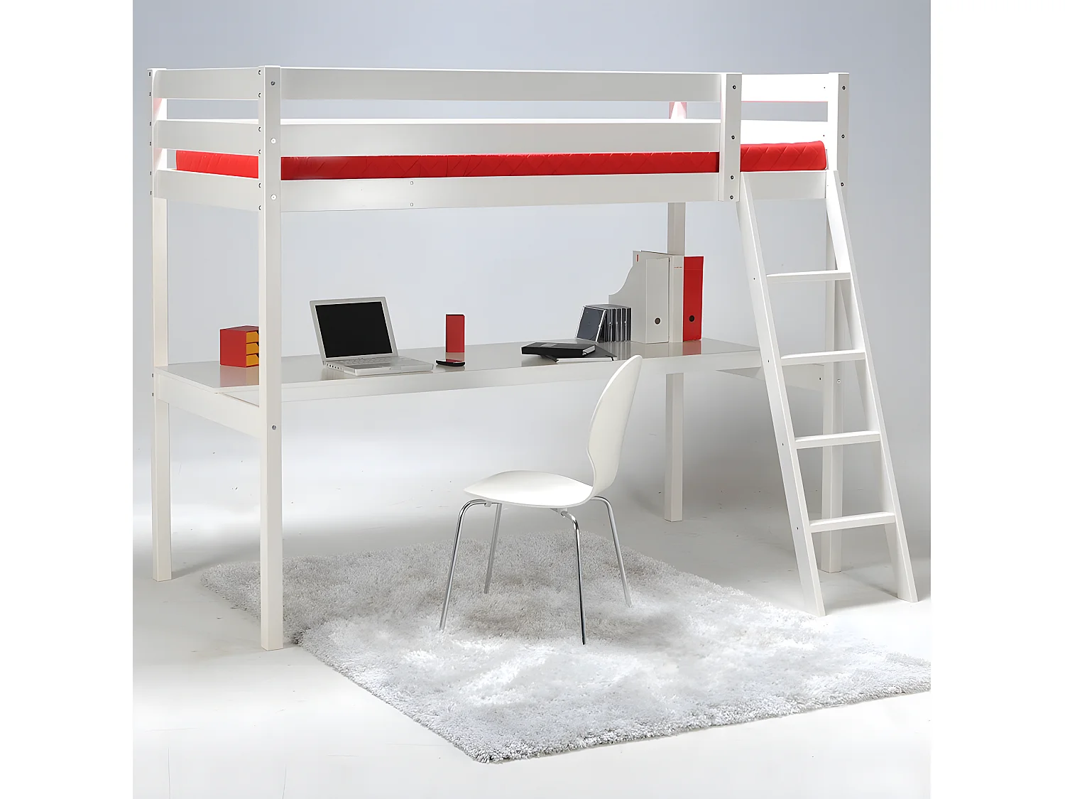 Lit mezzanine ASPEN 90x190 + 1 sommier + bureau / Blanc