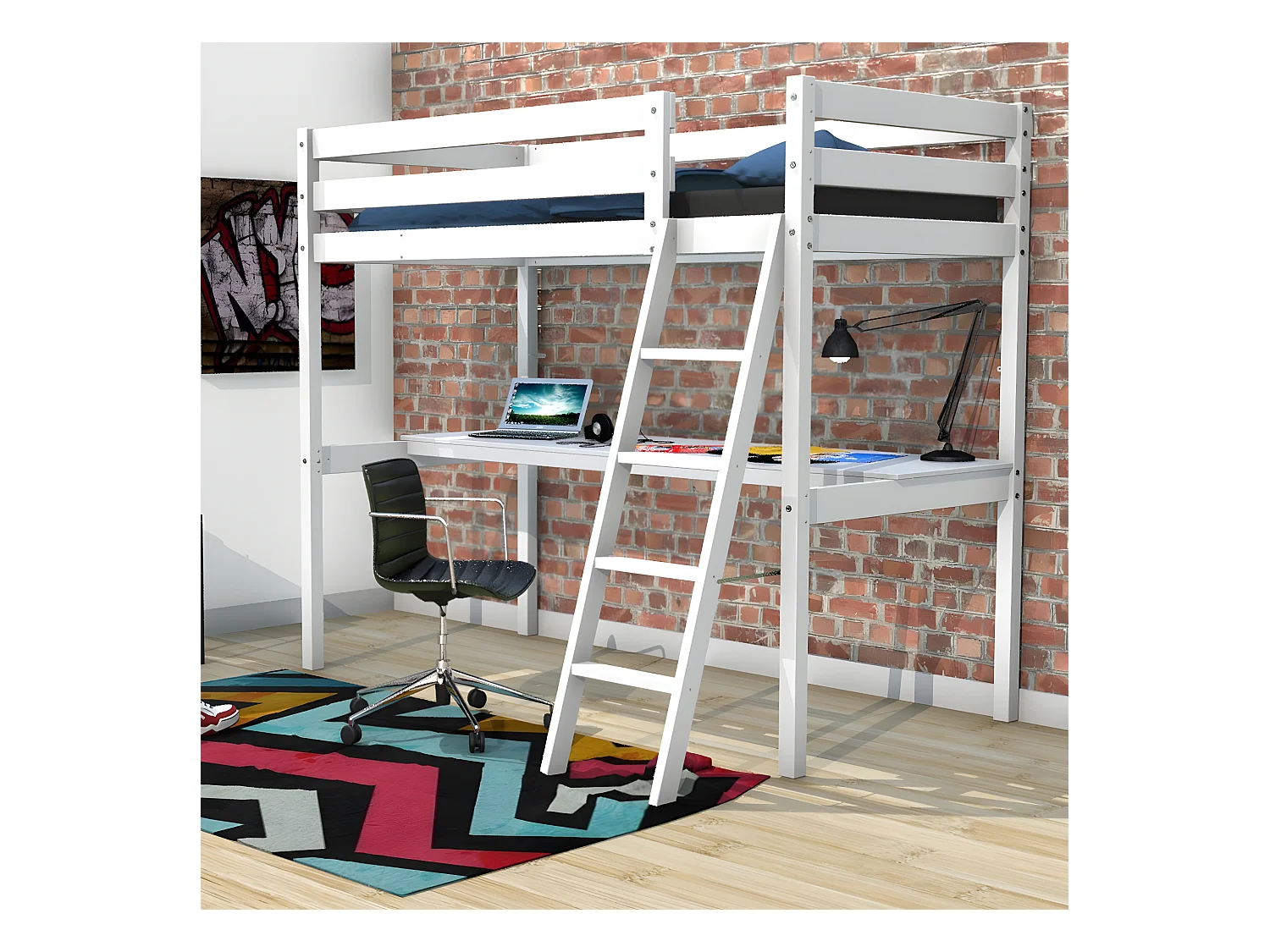 Lit mezzanine ASPEN 90x190 + 1 sommier + bureau / Blanc