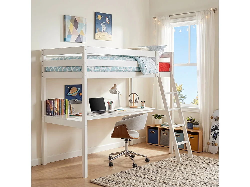 Lit mezzanine ASPEN 90x190 + 1 sommier + bureau / Blanc