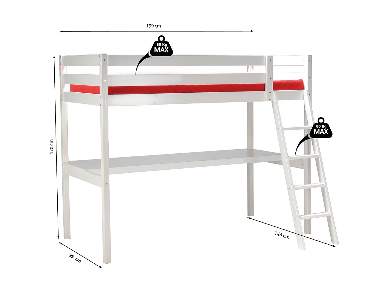 Lit mezzanine ASPEN 90x190 + 1 sommier + bureau / Blanc